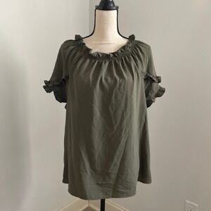 Como Vintage Olive‎ Green Ruffle Trim Top Bow Tie Neck Blouse Medium